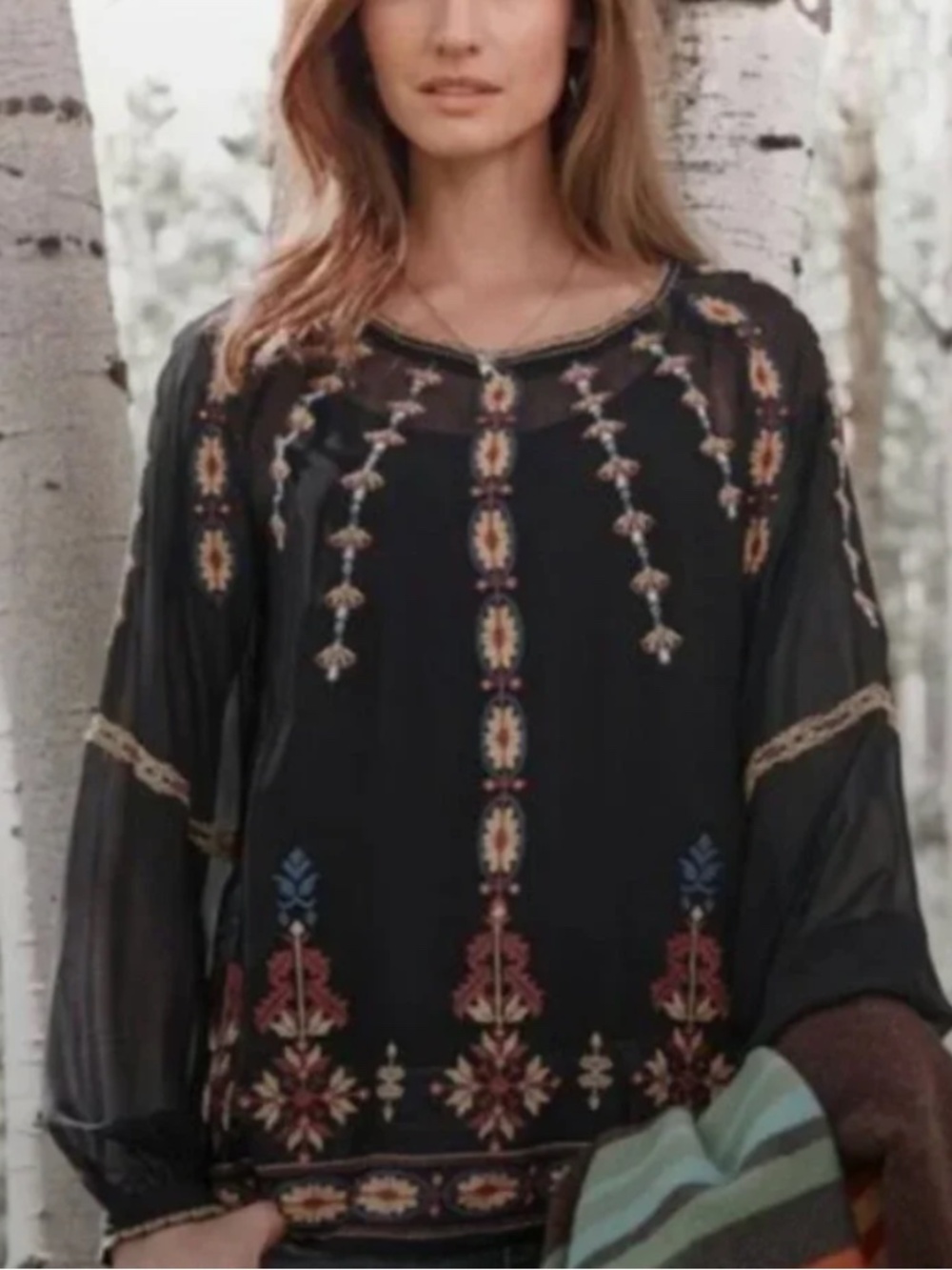 Sundance Mythical Spirit Silk Floral Embroidered Top XL Boho Peasant Romantic